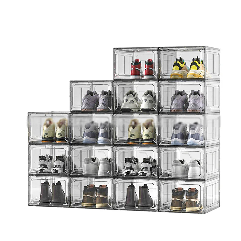 Stackable Shoe Storage Boxes with Front Door - Transparent Plastic Organizer for Closet & Bedroom