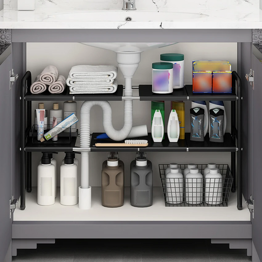 Under Sink Expandable Storage Rack - Adjustable Multi-Tier Cabinet Organizer (Black / White)