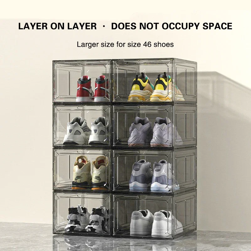 Stackable Shoe Storage Boxes with Front Door - Transparent Plastic Organizer for Closet & Bedroom