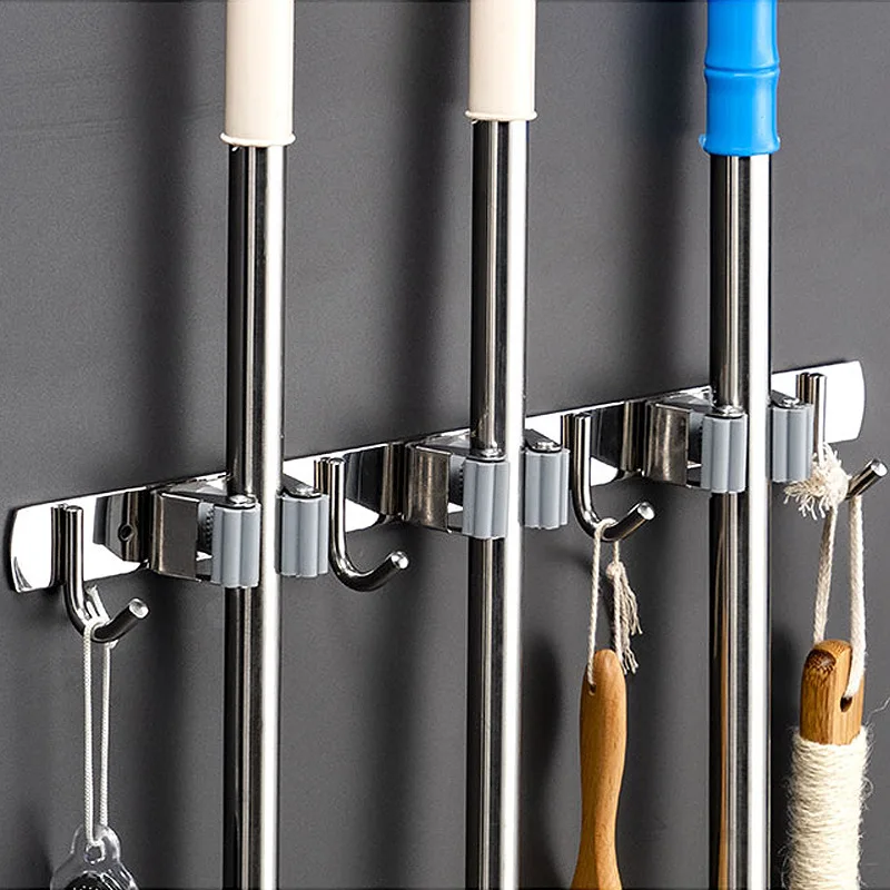 Wall Mounted Mop & Broom Holder with Hooks - No Drill Organizer for Kitchen & Bathroom