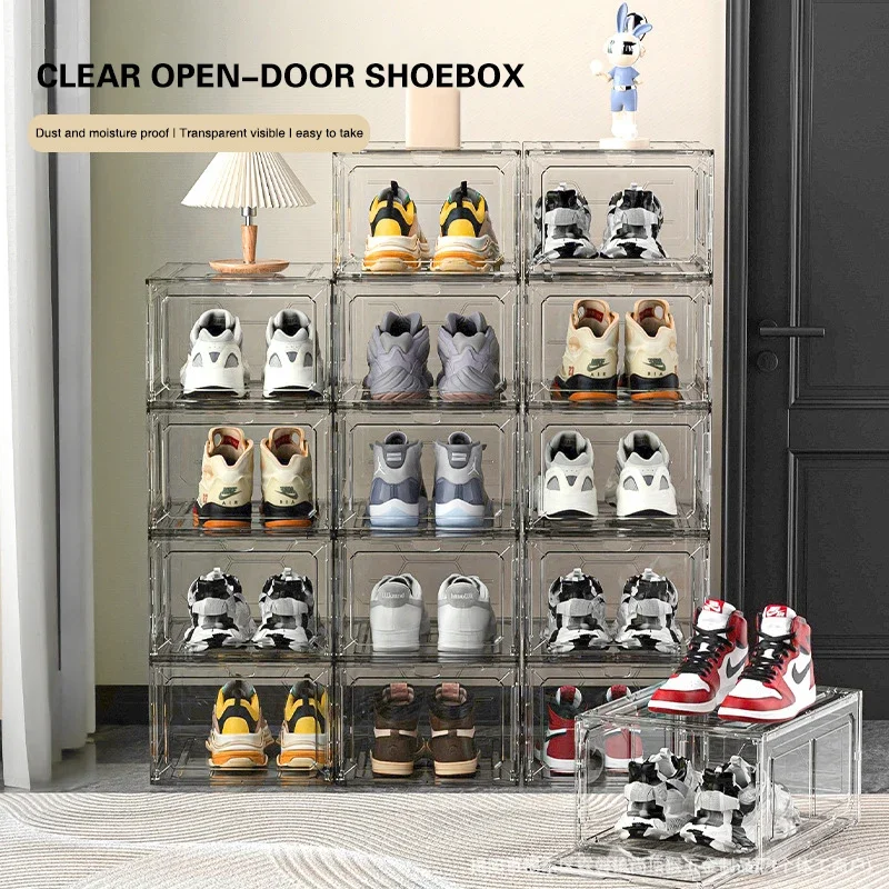 Stackable Shoe Storage Boxes with Front Door - Transparent Plastic Organizer for Closet & Bedroom