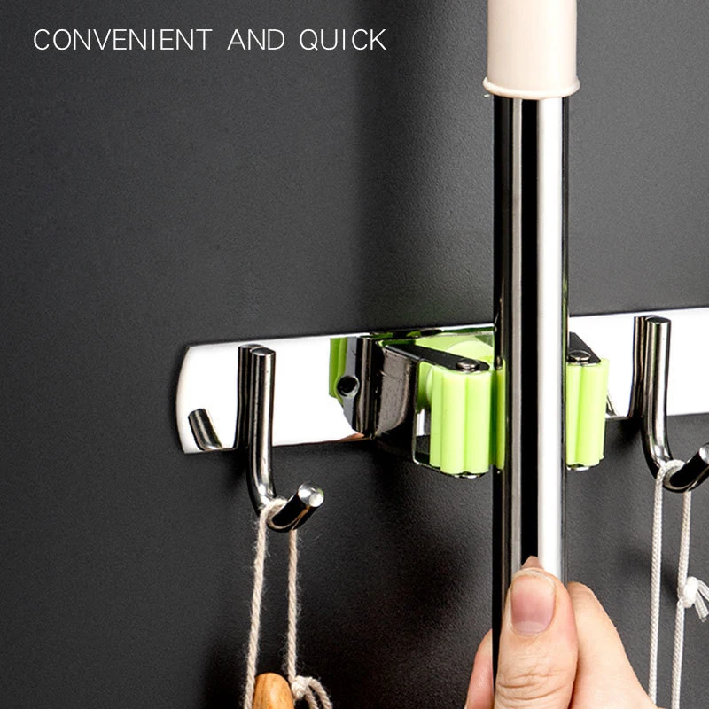 Wall Mounted Mop & Broom Holder with Hooks - No Drill Organizer for Kitchen & Bathroom