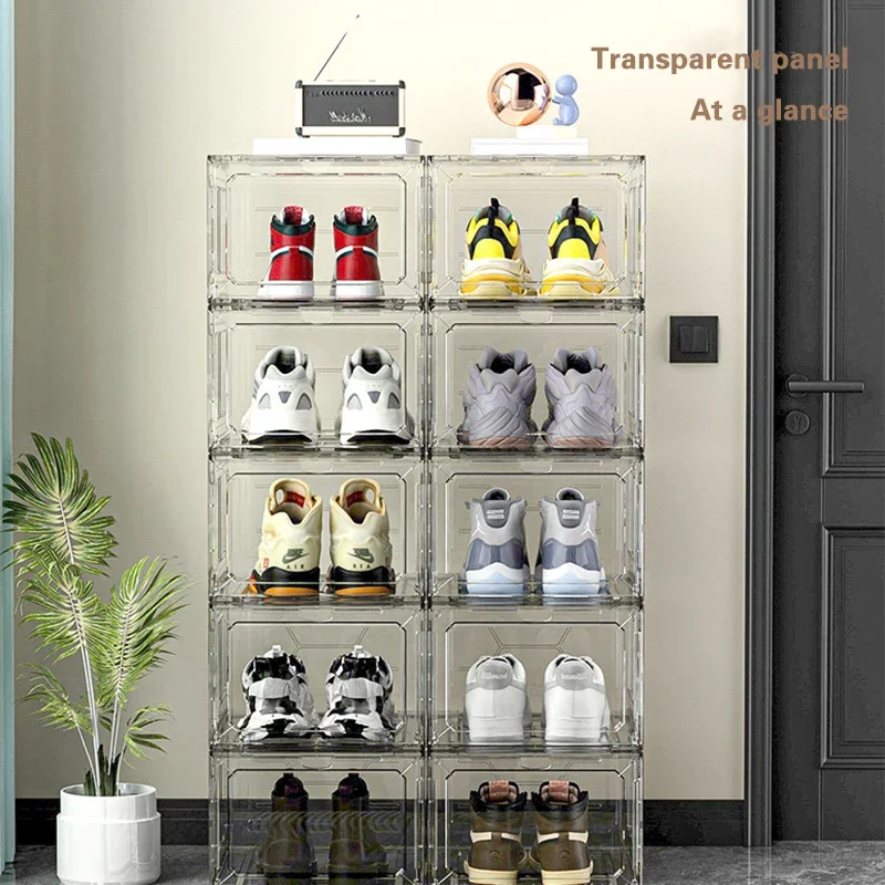Stackable Shoe Storage Boxes with Front Door - Transparent Plastic Organizer for Closet & Bedroom