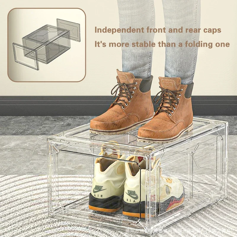 Stackable Shoe Storage Boxes with Front Door - Transparent Plastic Organizer for Closet & Bedroom