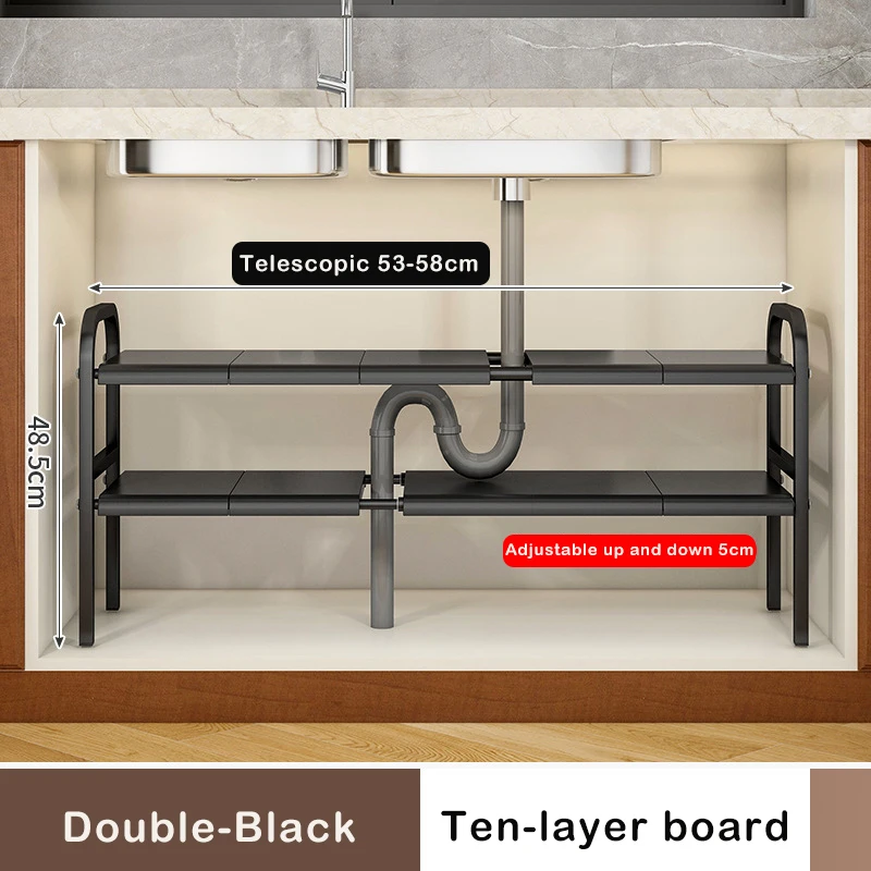 Under Sink Expandable Storage Rack - Adjustable Multi-Tier Cabinet Organizer (Black / White)
