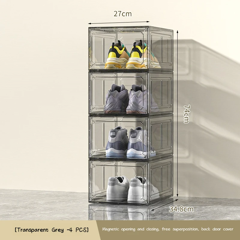 Stackable Shoe Storage Boxes with Front Door - Transparent Plastic Organizer for Closet & Bedroom