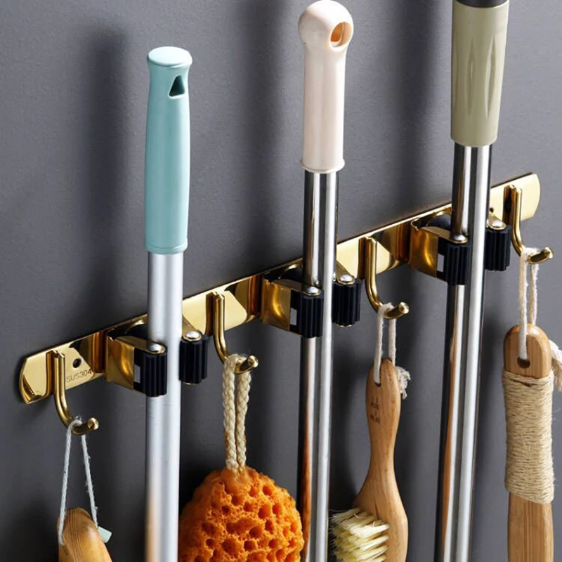 Wall Mounted Mop & Broom Holder with Hooks - No Drill Organizer for Kitchen & Bathroom