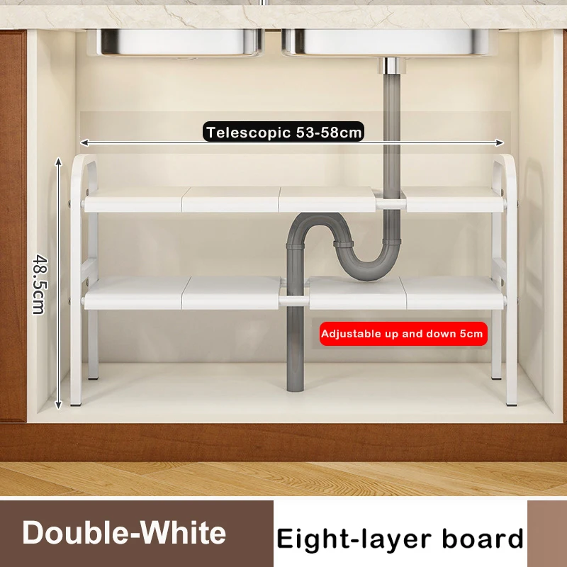 Under Sink Expandable Storage Rack - Adjustable Multi-Tier Cabinet Organizer (Black / White)
