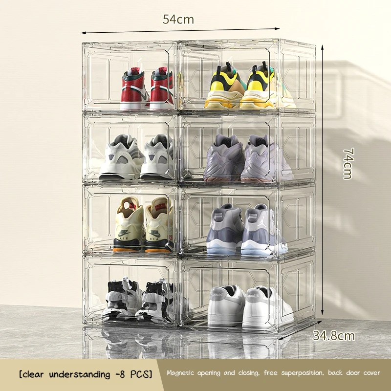 Stackable Shoe Storage Boxes with Front Door - Transparent Plastic Organizer for Closet & Bedroom