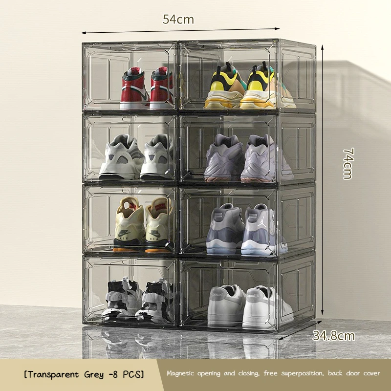 Stackable Shoe Storage Boxes with Front Door - Transparent Plastic Organizer for Closet & Bedroom