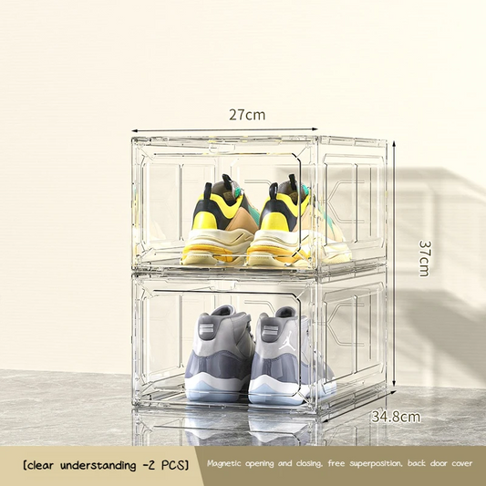Stackable Shoe Storage Boxes with Front Door - Transparent Plastic Organizer for Closet & Bedroom